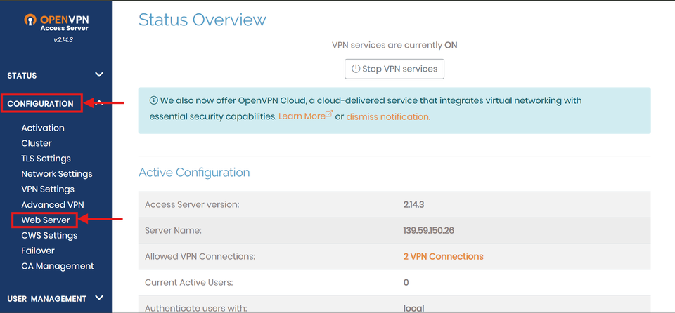 OpenVPN WebServer Settings - To configure User-Generated SSL