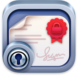 CertKey Manager App icon of a vault and certificat seal