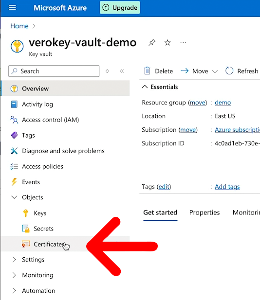 Azure Key Vault Certificate Menu item