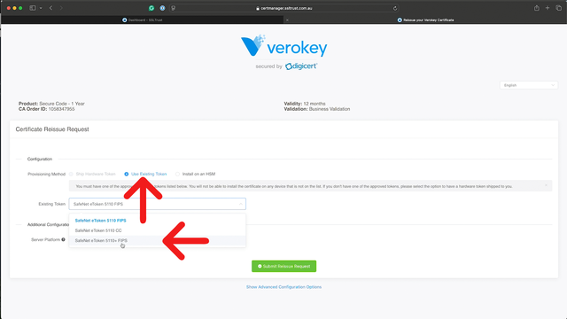 Select existing token for reissue provisioning method