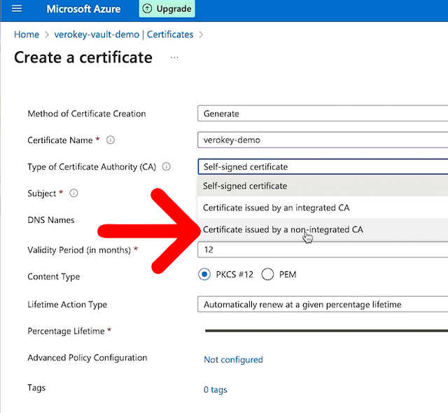 azure key vault generate certificate form