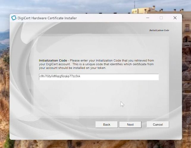 hardware certificate installer initialisation code entry