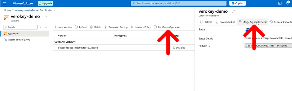 Azure portal to merge certificate request