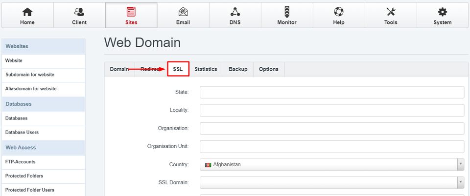 ISPConfig SSL Page