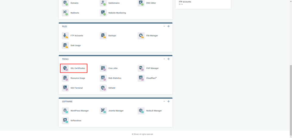 sPanel Dashboard SSL Certificate Menu