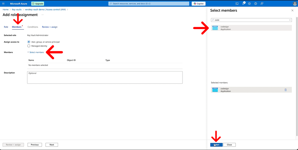 Assign member to azure key vault role assignment