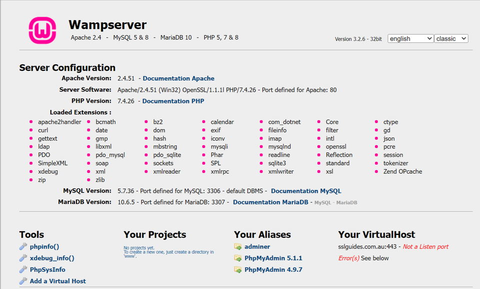 WAMP Dashboard Page