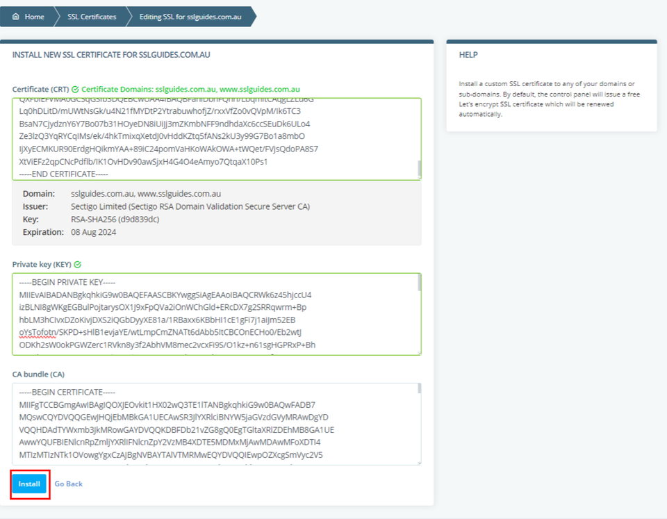 sPanel SSL Details and Certs Paste